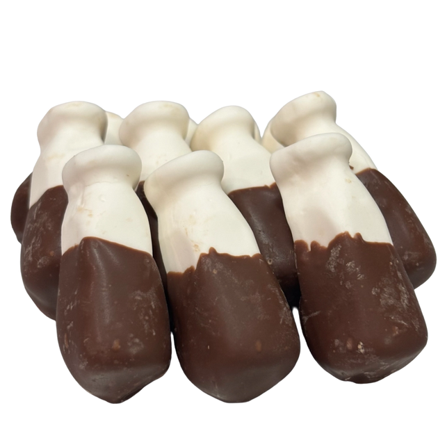 Milk bottle lollies half dipped in milk chocolate
