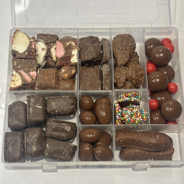 Large assortment of chocolates in a box