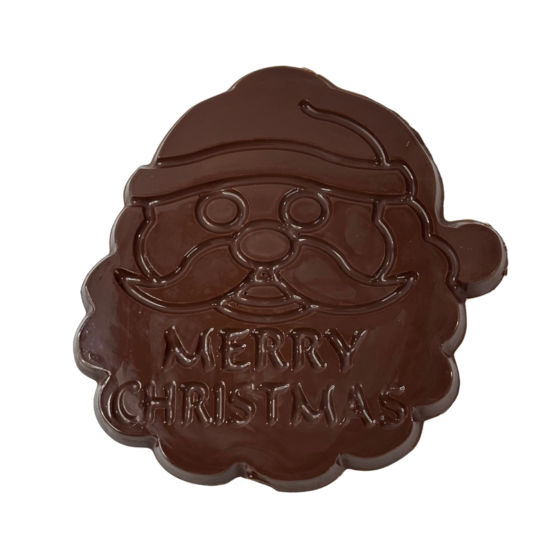 Milk chocolate Santa face with Merry Christmas message.