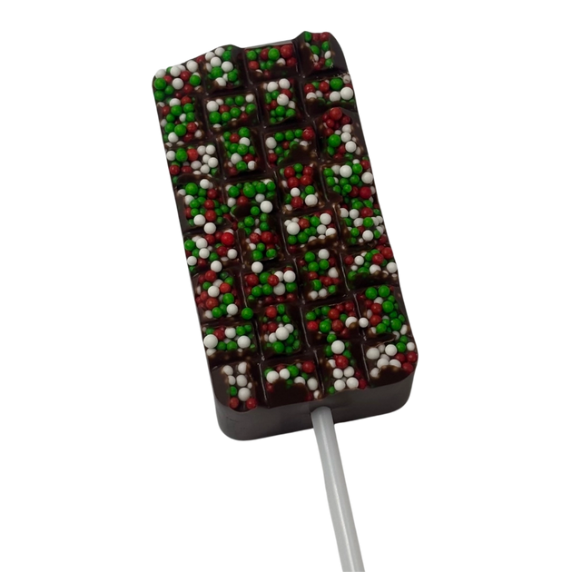 Santa's Chocolate Chimney lollipop topped with red, green and white Christmas sprinkles.