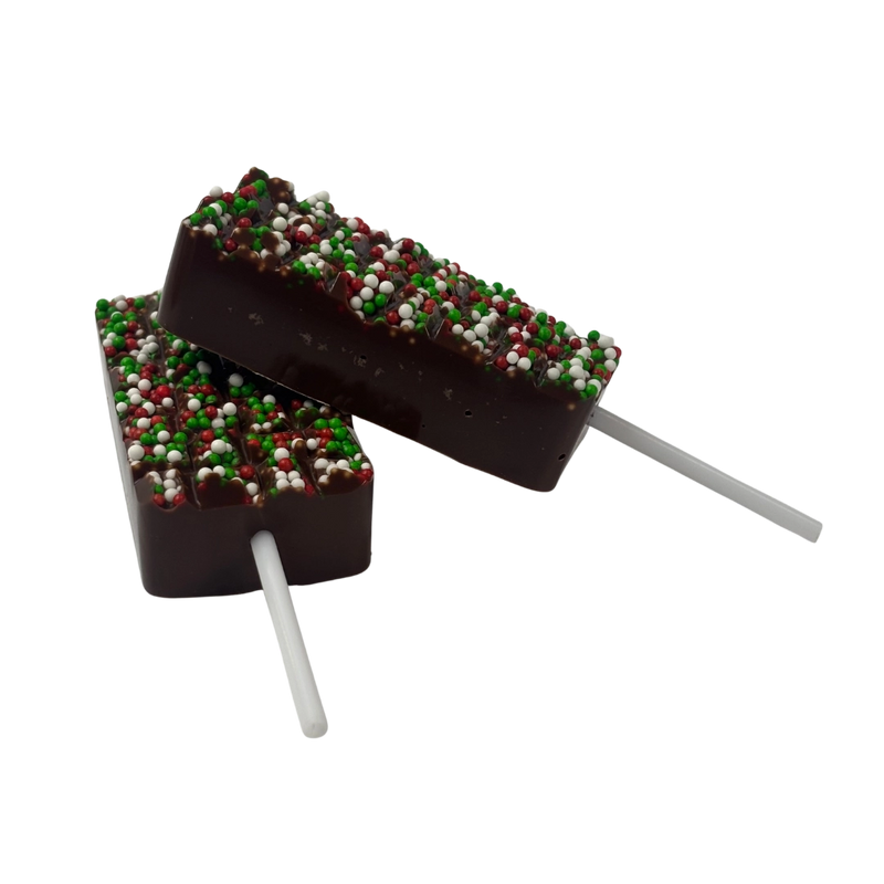 Two Santa's Chocolate Chimney lollipops with colourful festive sprinkles.
