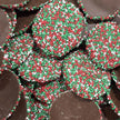 Round milk chocolate speckles generously coated with crunchy red, green and white candy sprinkles.