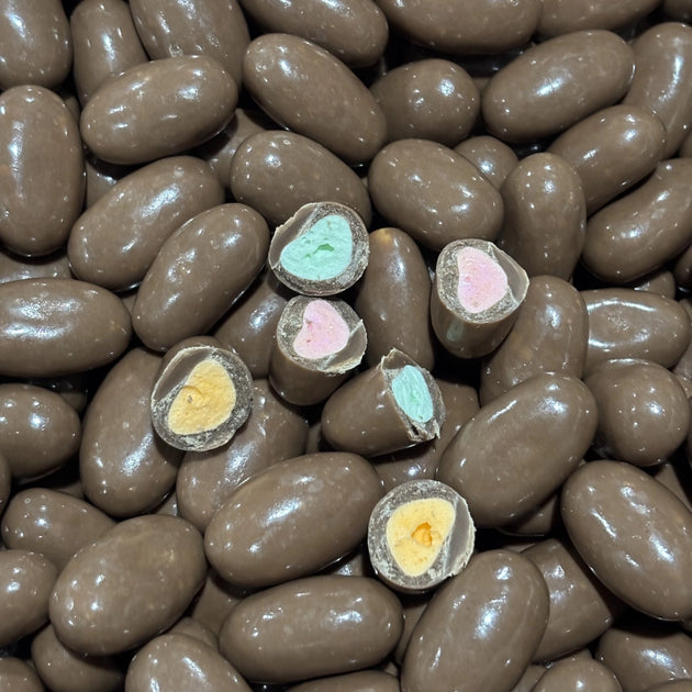 Clangers have a crunchy coloured fruit flavoured centre wrapped in smooth milk chocolate