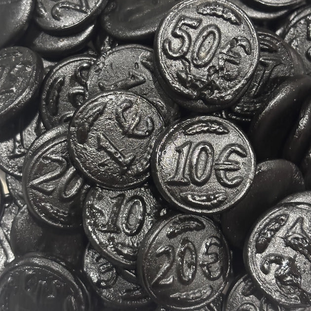 Dutch Licorice Coins in an assortment of denominations.