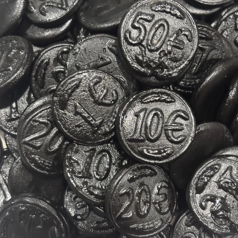 Dutch Licorice Coins in an assortment of denominations.