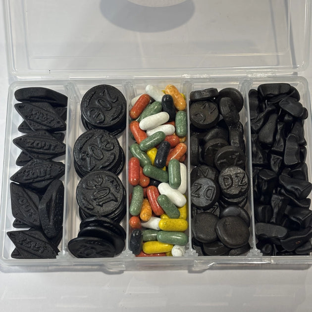 Assorted Dutch licorice in a lolly box
