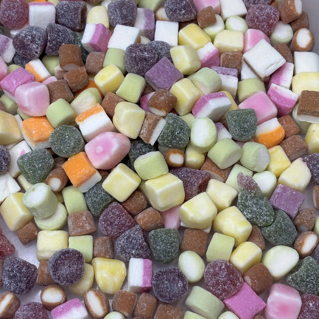 Assortment of multi-coloured soft fondant sweets and chewy sugar-coated jellies