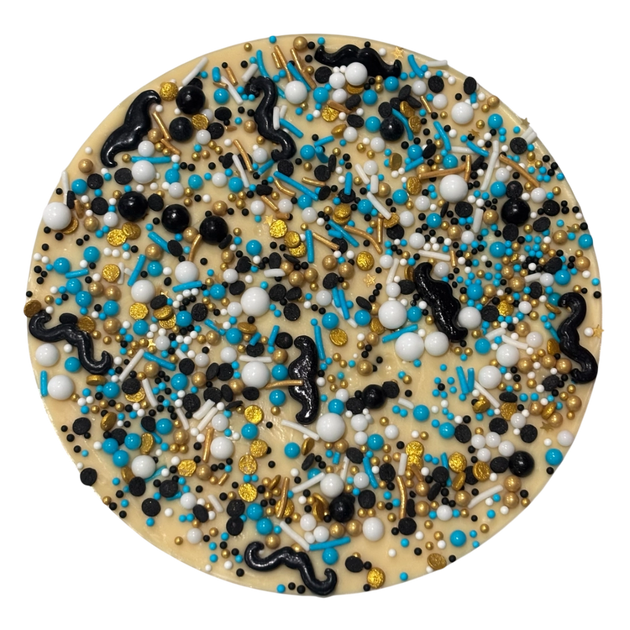 White chocolate freckle coated in assorted coloured sprinkles and moustaches