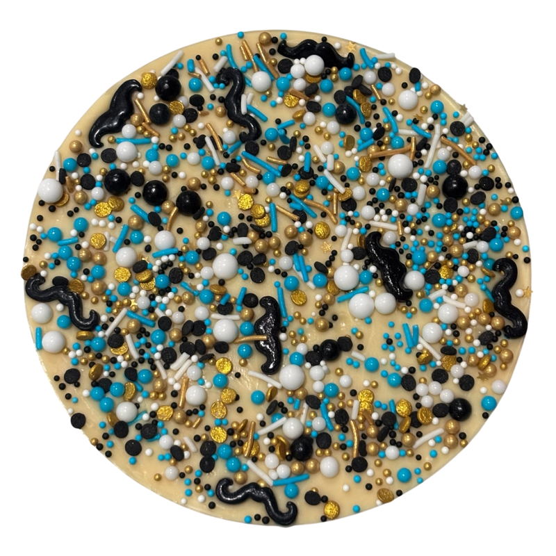 White chocolate freckle coated in assorted coloured sprinkles and moustaches