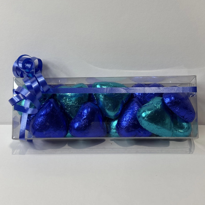 Blue foil chocolate hearts in gift box