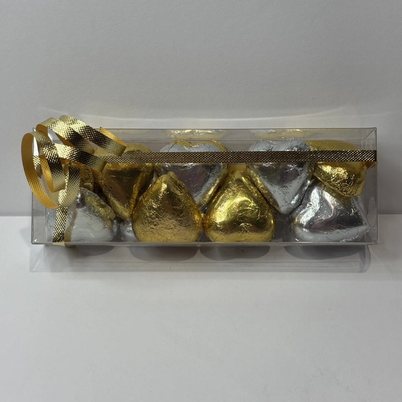 Silver and gold foil chocolate hearts in gift box