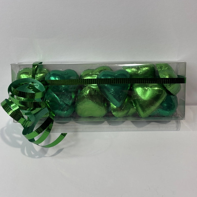 Green foil chocolate hearts in gift box