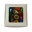 A square gift box with a clear plastic window showing fruit rock candy inside.