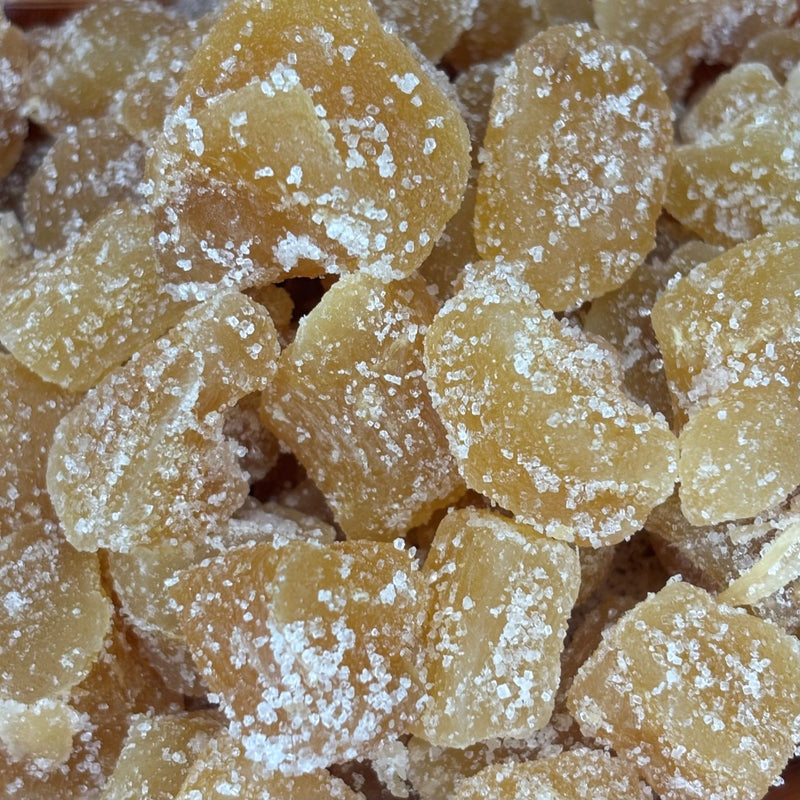 Soft, chewy pieces of ginger coated in sugar crystals