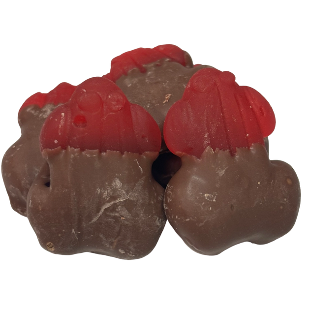 Red frogs half dipped in milk chocolate