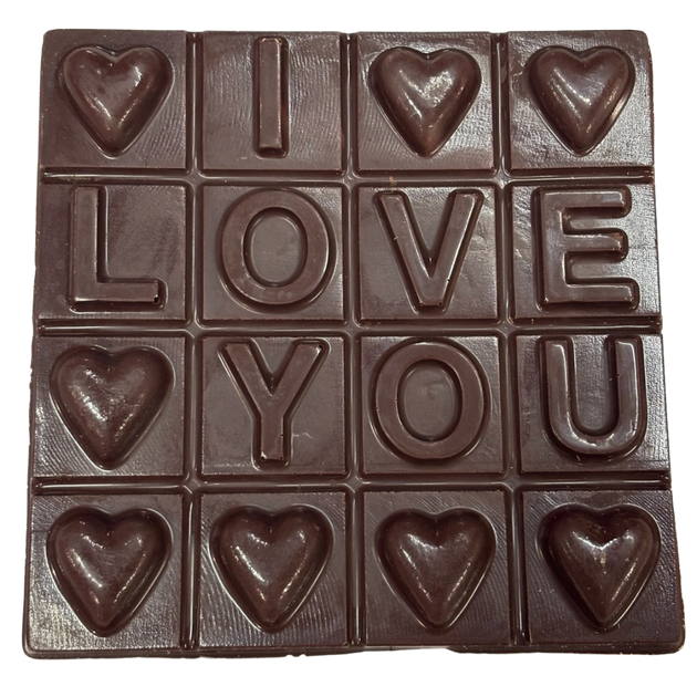 Square chocolate block with I Love You message and hearts