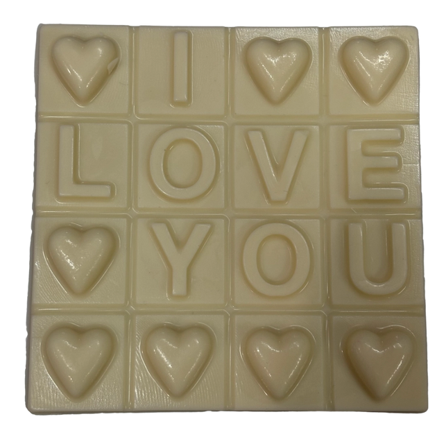 White chocolate block with I Love You message and hearts