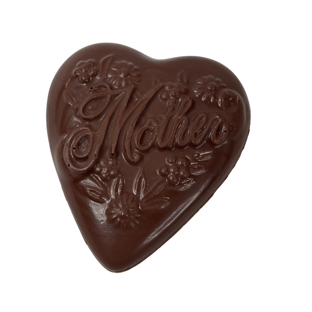 Milk chocolate heart-shape features the word "Mother" elegantly embossed across the centre, surrounded by delicate floral detailing.