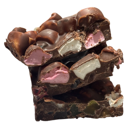 Sugar free rocky road with chocolate, marshmallows and lollies