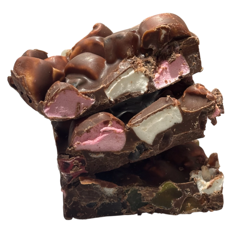 Sugar free rocky road with chocolate, marshmallows and lollies