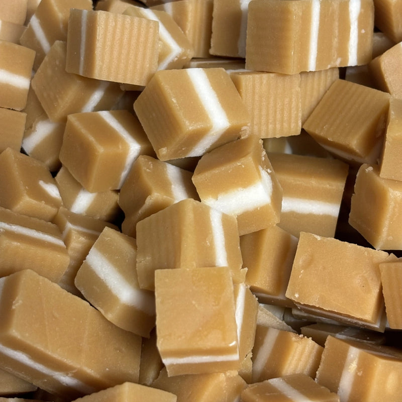 White and brown layered jersey caramel lollies