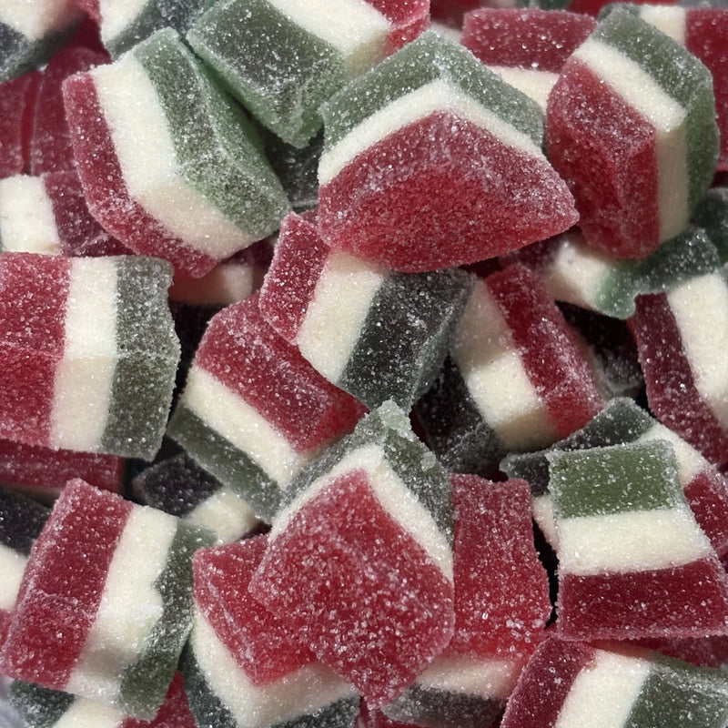 Soft and chewy Christmas jellies with red, white and green layers, coated in sugar crystals.