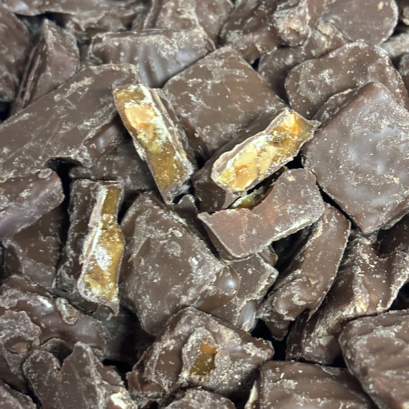 Caramelised peanut brittle coated in milk chocolate