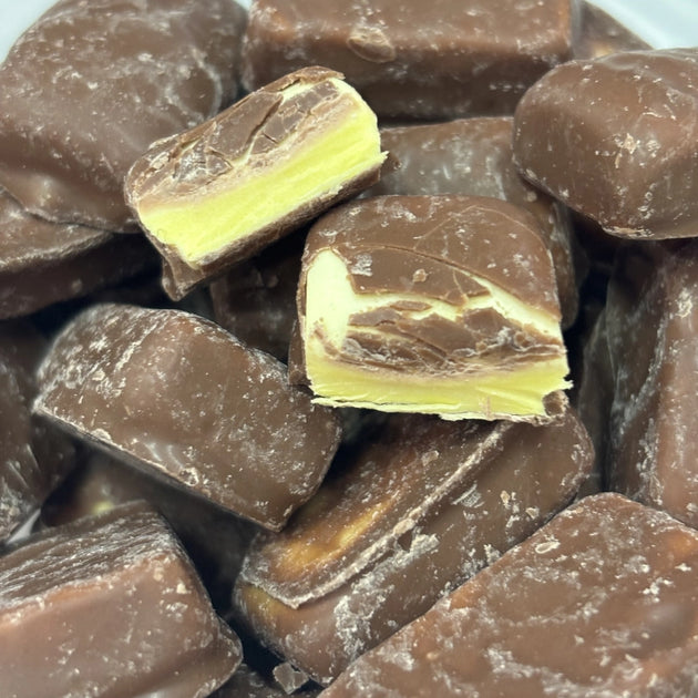 Soft and chewy pineapple filling coated in a thin milk chocolate.