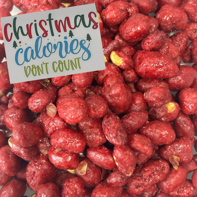 Christmas Calories Don't Count sign with red sugared peanuts