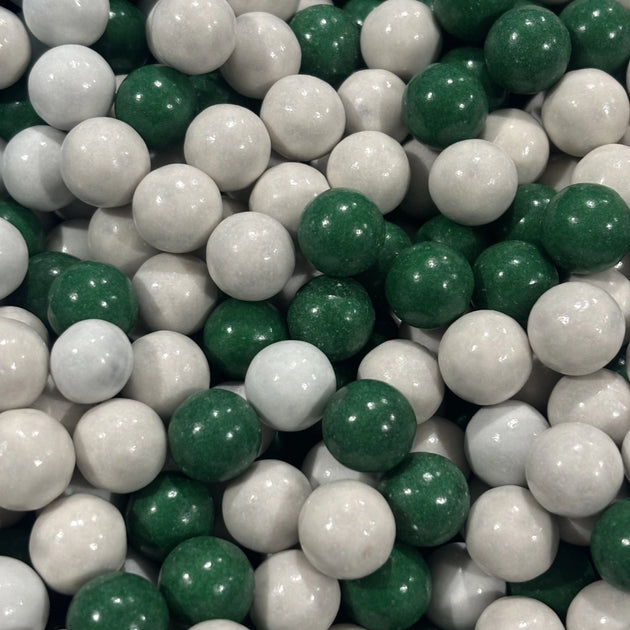 Chocolate peppermint balls with a white or green candy shell