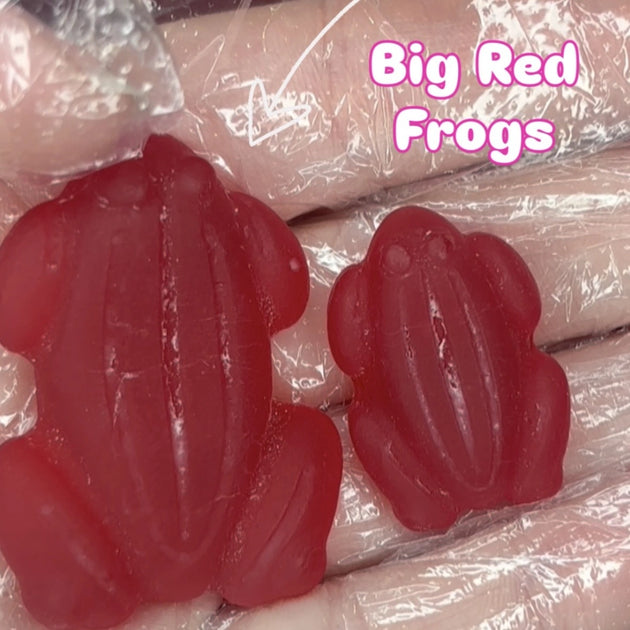 Two red frog shaped lollies varying in size - small and large