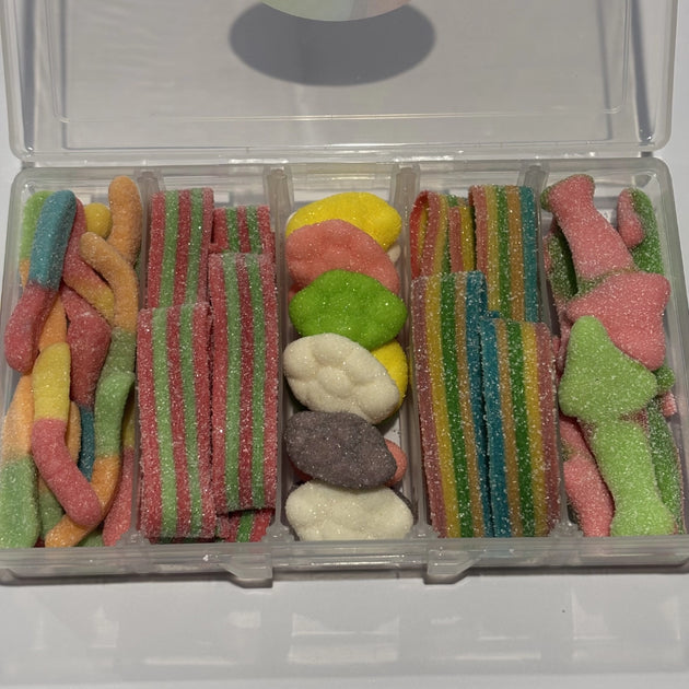 Assorted sour lollies in a snack box