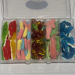 Spooky lolly box containing crocodiles, sour worms, octopus, watermelon sharks, blue sharks.