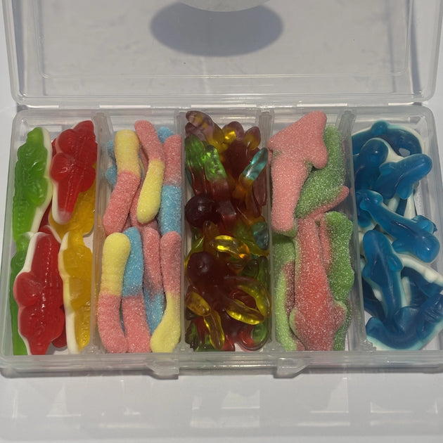 Spooky lolly box containing crocodiles, sour worms, octopus, watermelon sharks, blue sharks.