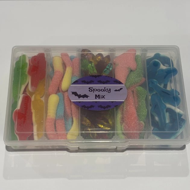 Lolly box with crocodiles, sour worms, octopus, watermelon shakrs and blue sharks