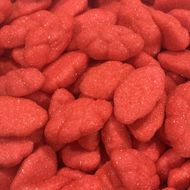 Strawberry cloud lollies dusted with sour sugar
