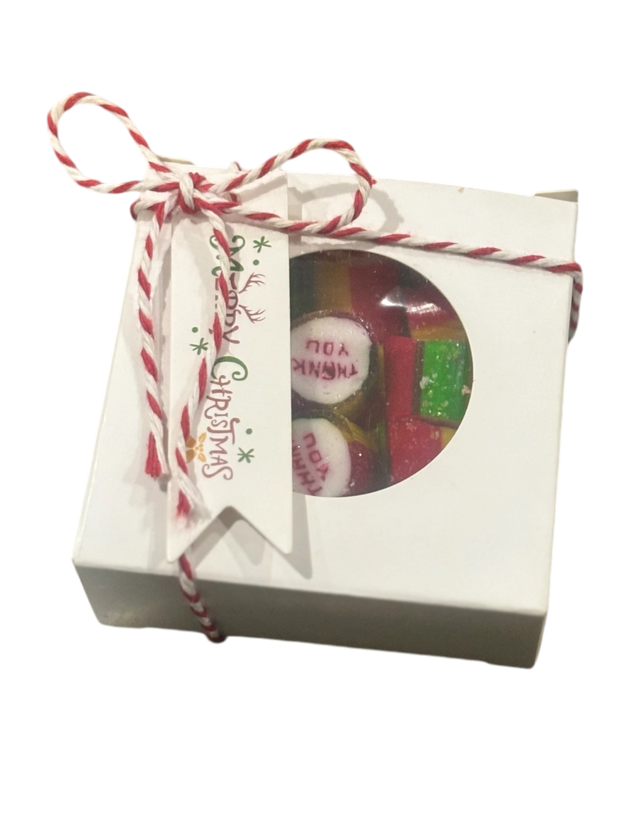 Christmas gift box filled with Thank You rock candy