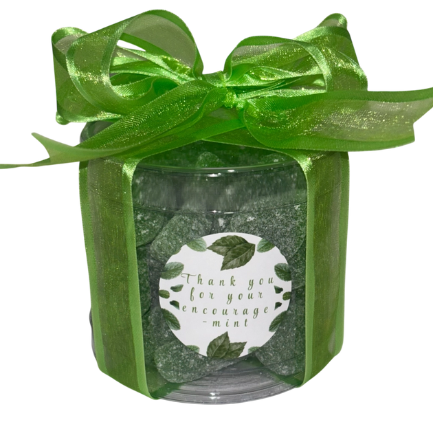 Spearmint leaves in a container with label - Thank you for your encourage-mint