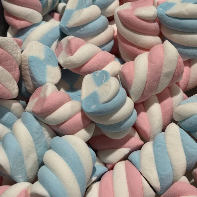 Pink and white or blue and white twisted marshmallows