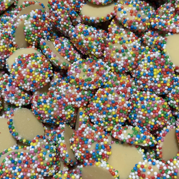 White chocolate coated with candy sprinkles