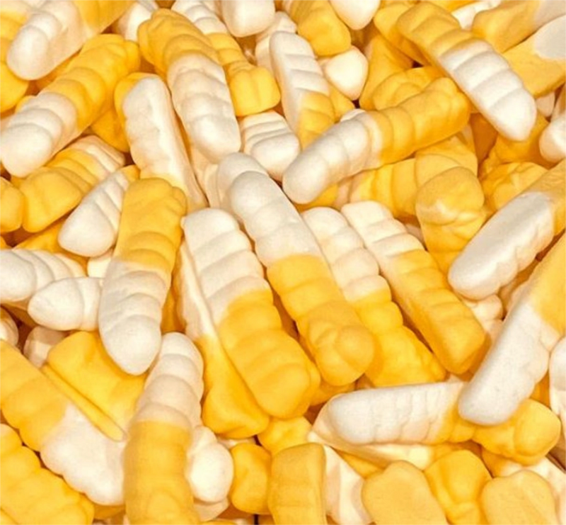 Yellow and white witchetty grub lollies