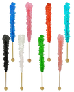 Rock candy sticks in assorted vibrant colors, including blue, pink, orange, turquoise, green, black, white, and light pink.