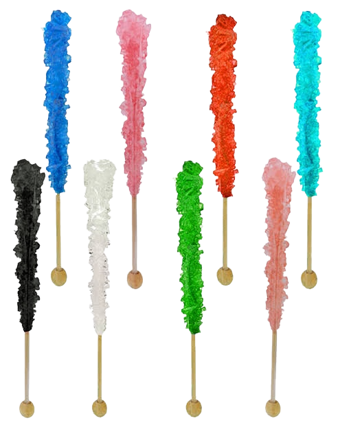 Rock candy sticks in assorted vibrant colors, including blue, pink, orange, turquoise, green, black, white, and light pink.